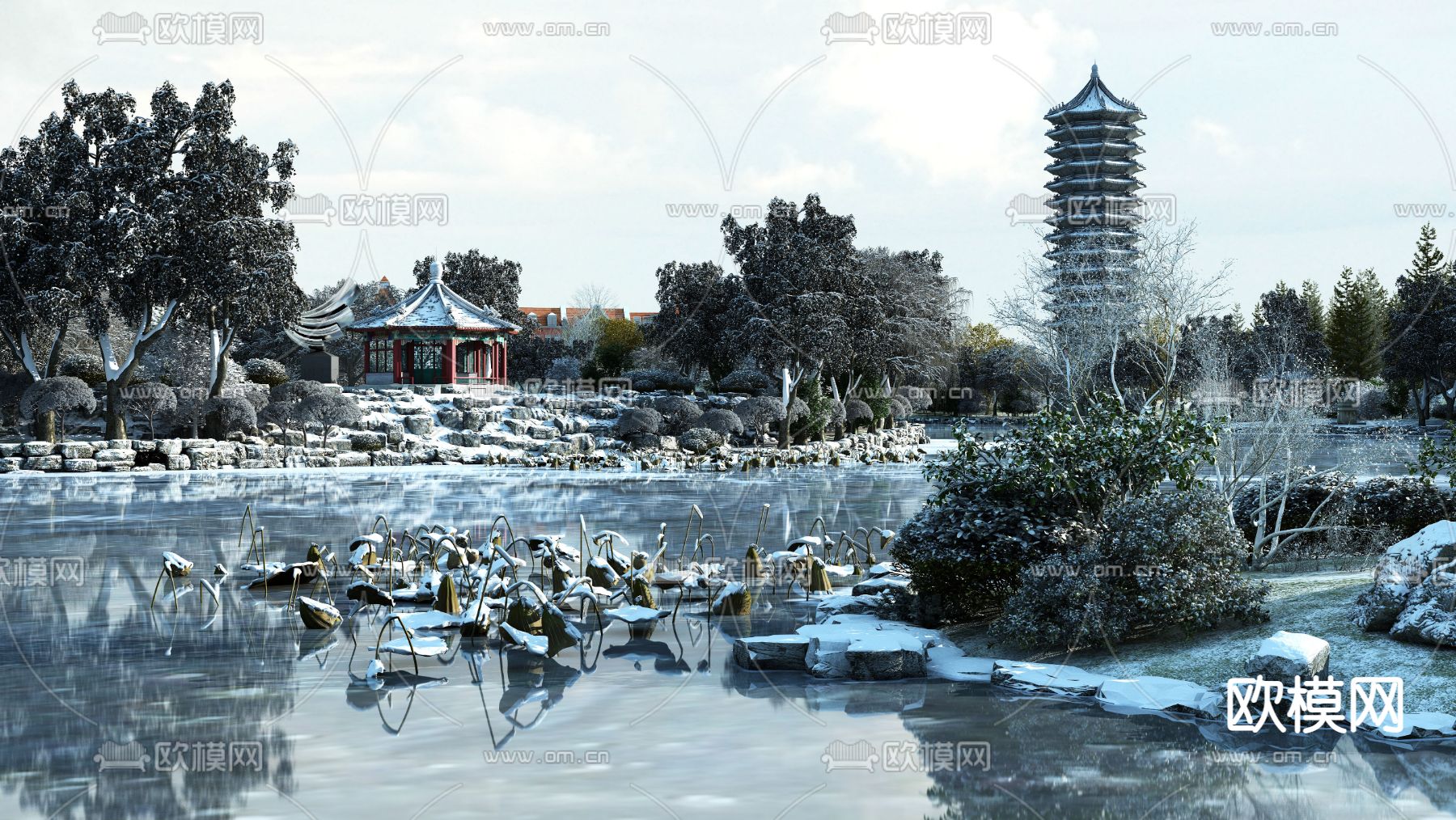 新中式荷花池园林景观雪景3d模型
