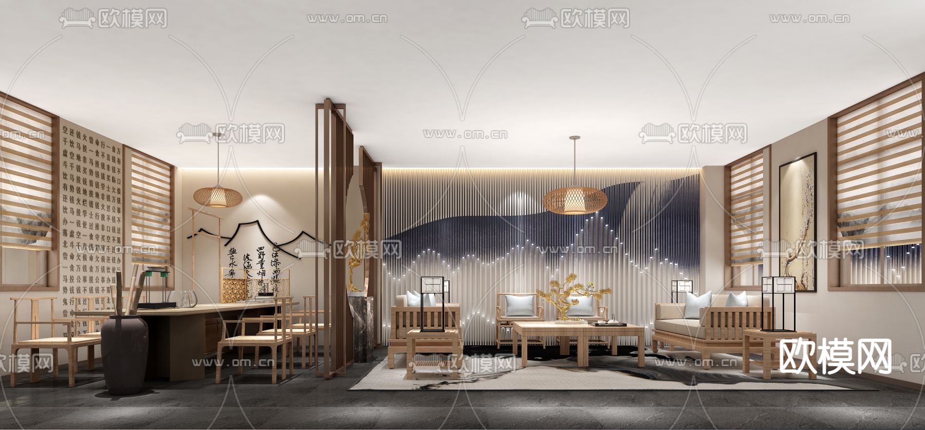 现代民宿大堂休息区3d模型下载（渲染图1）