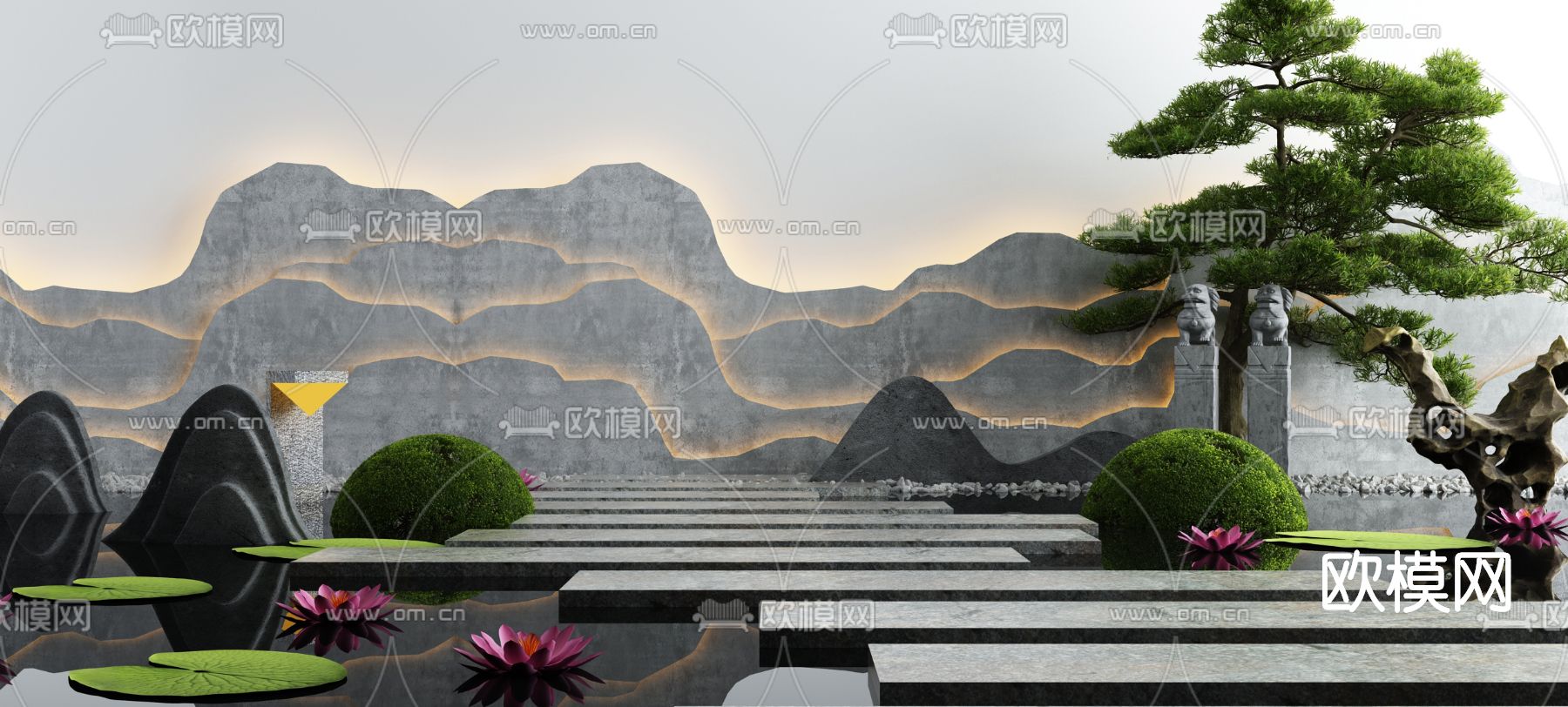 新中式庭院水景小品3d模型下载