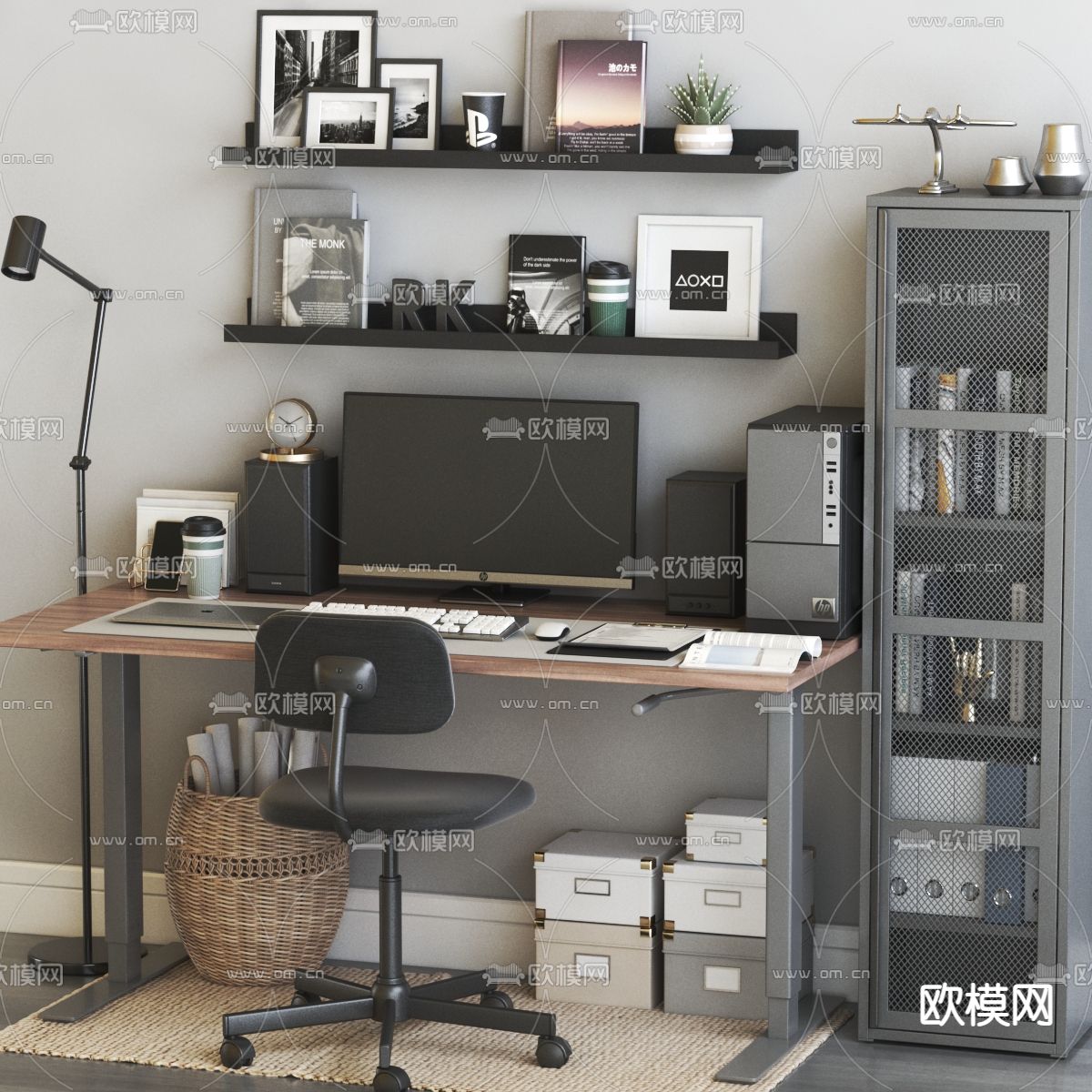 工业风电脑书桌椅3d模型下载（渲染图3）