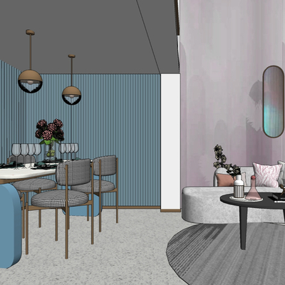  现代公寓客餐厅su模型 