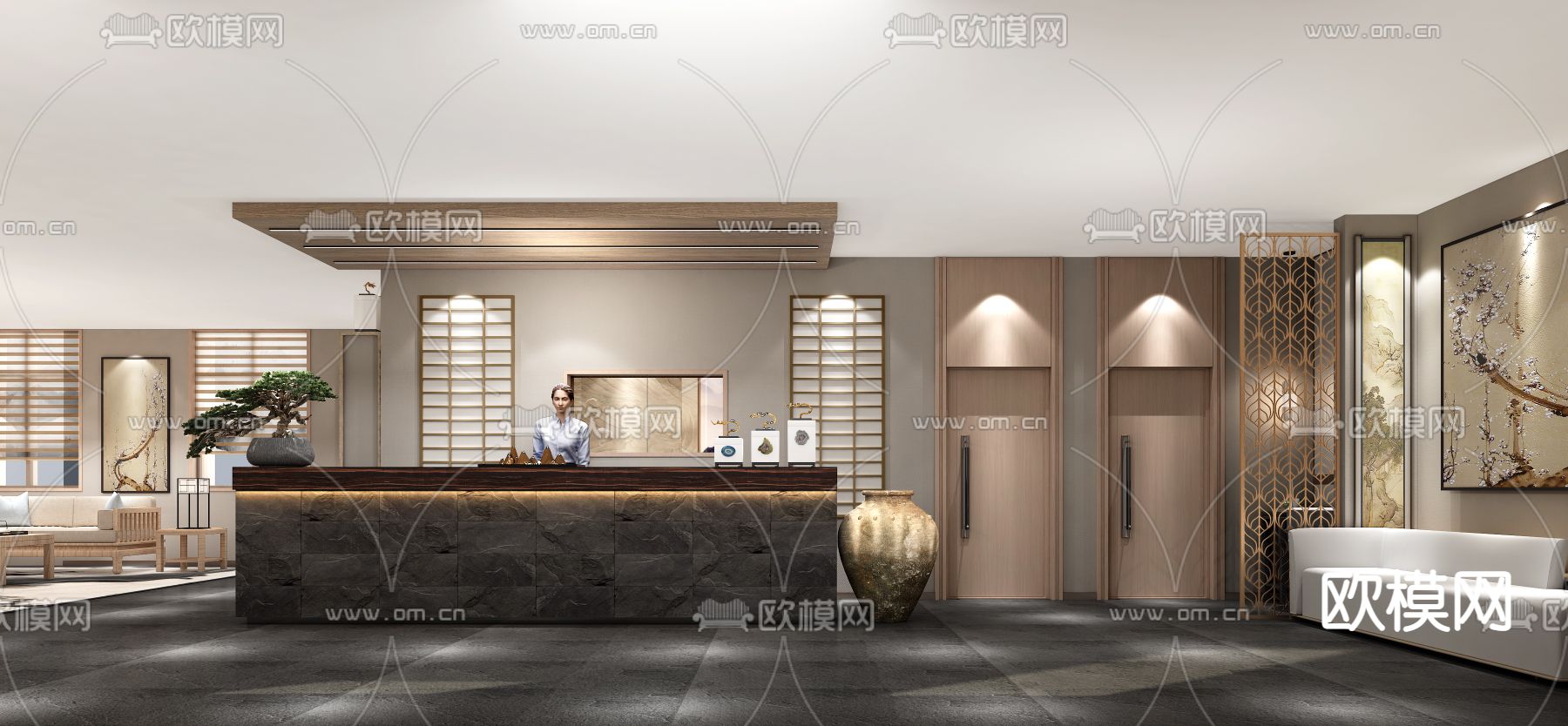 现代民宿大堂休息区3d模型下载（渲染图2）