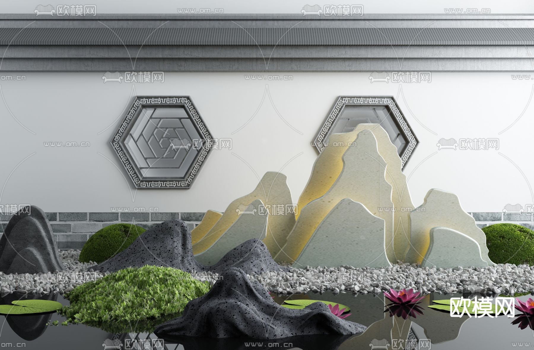 新中式假山水景小品3d模型