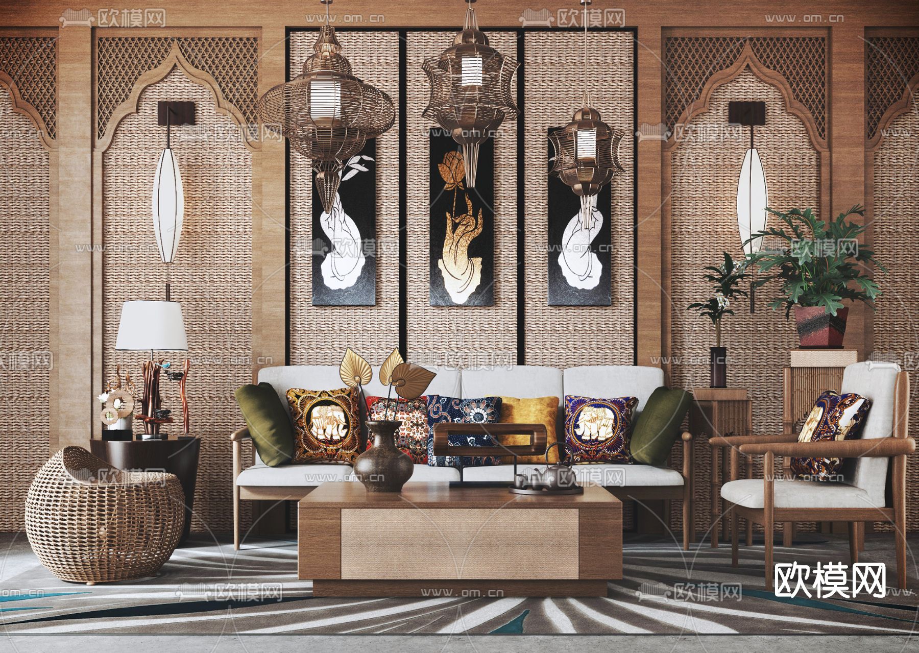 东南亚布艺沙发组合3d模型下载