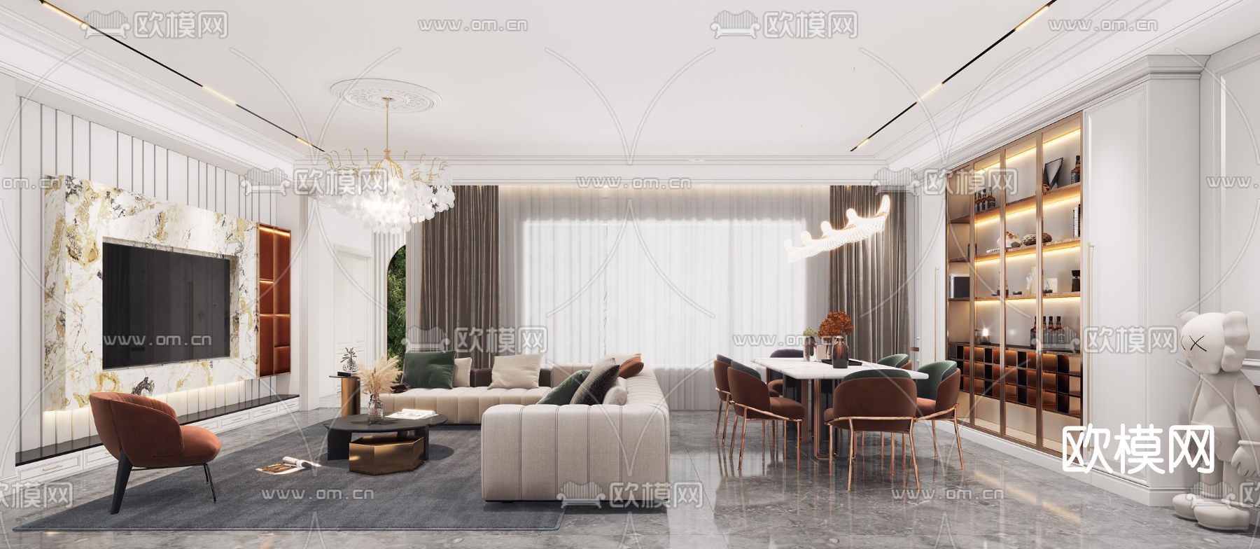 简欧轻奢客厅餐厅3d模型下载（渲染图2）