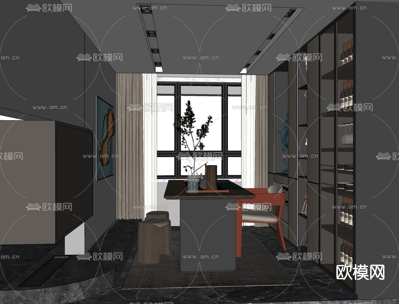 现代茶室su模型下载
