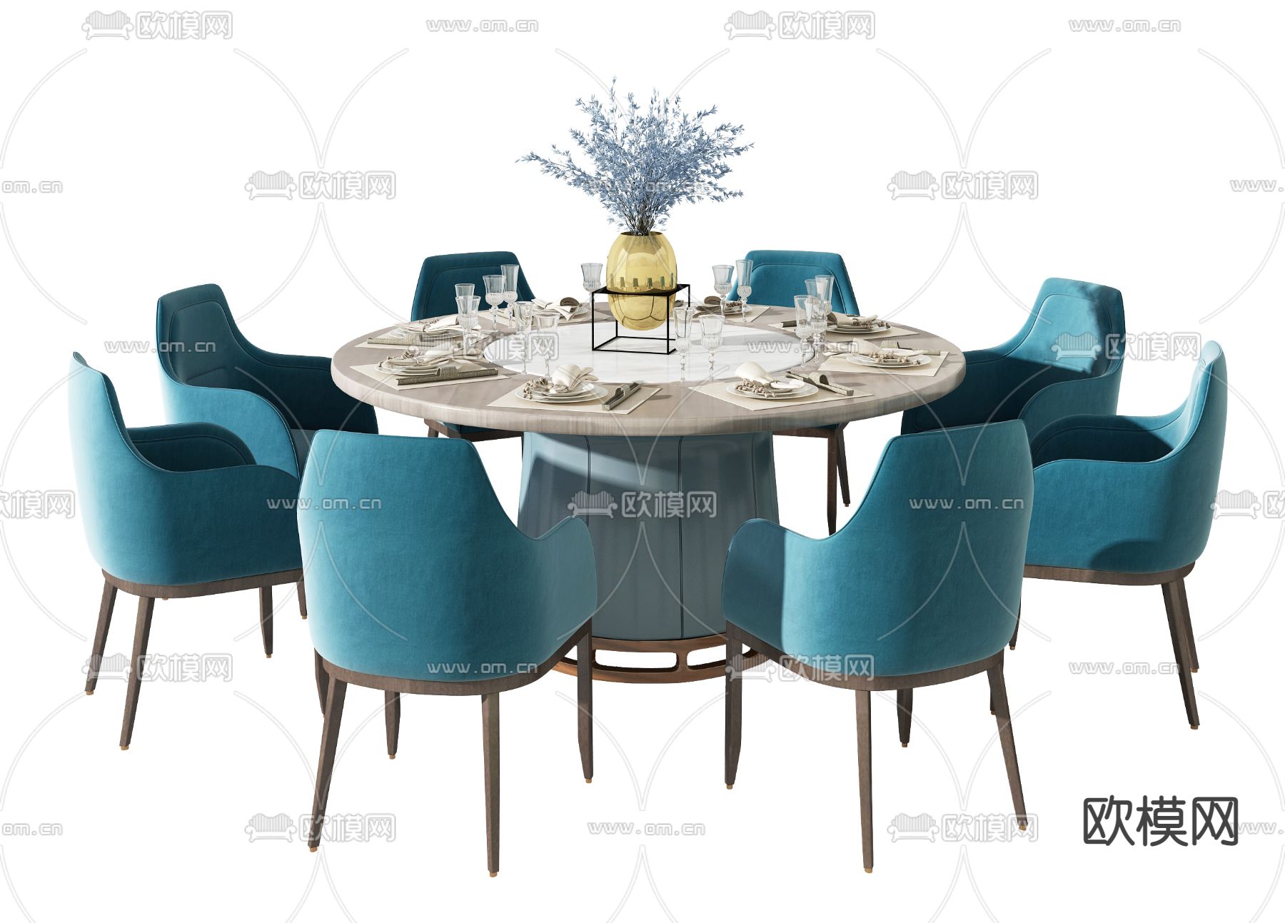 新中式圆形餐桌椅3d模型下载