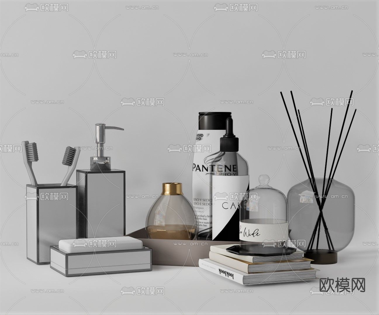 现代牙刷肥皂香薰洗浴用品su模型下载（渲染图1）