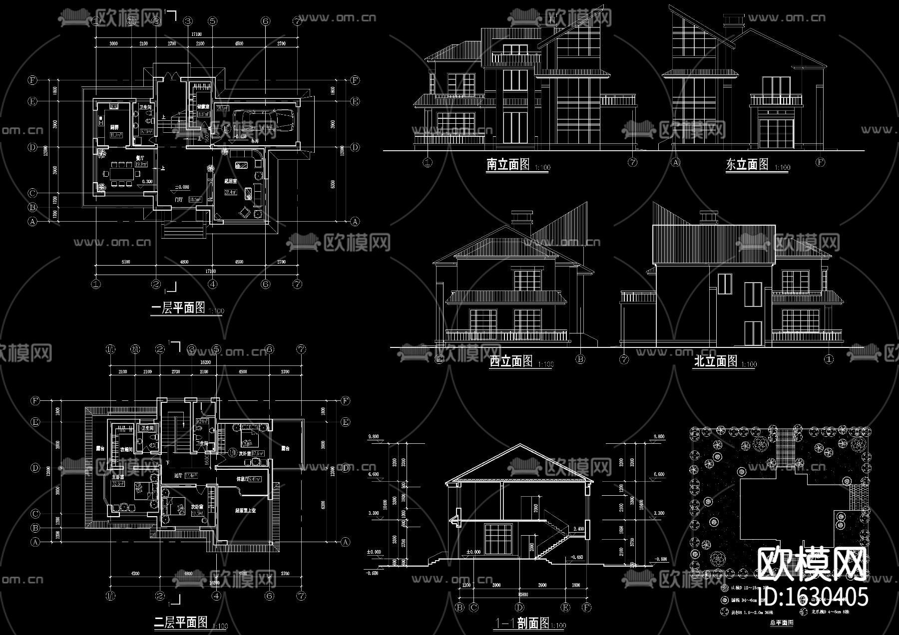 现代二层别墅建筑cad施工图下载