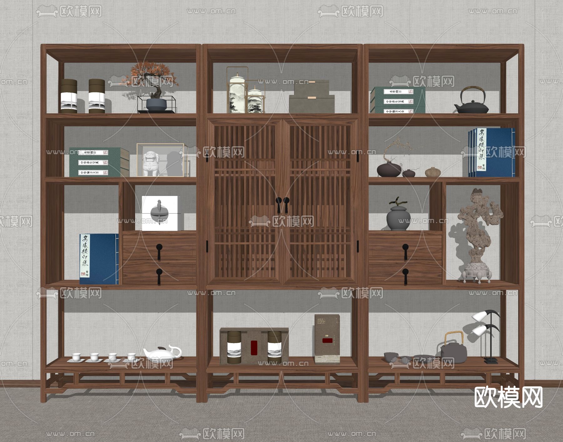 新中式实木博古架su模型下载