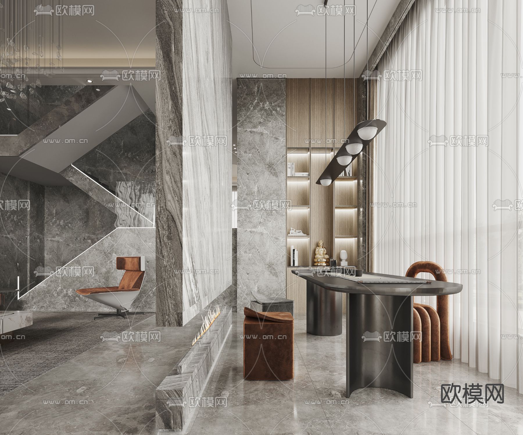 现代别墅客厅餐厅3d模型
