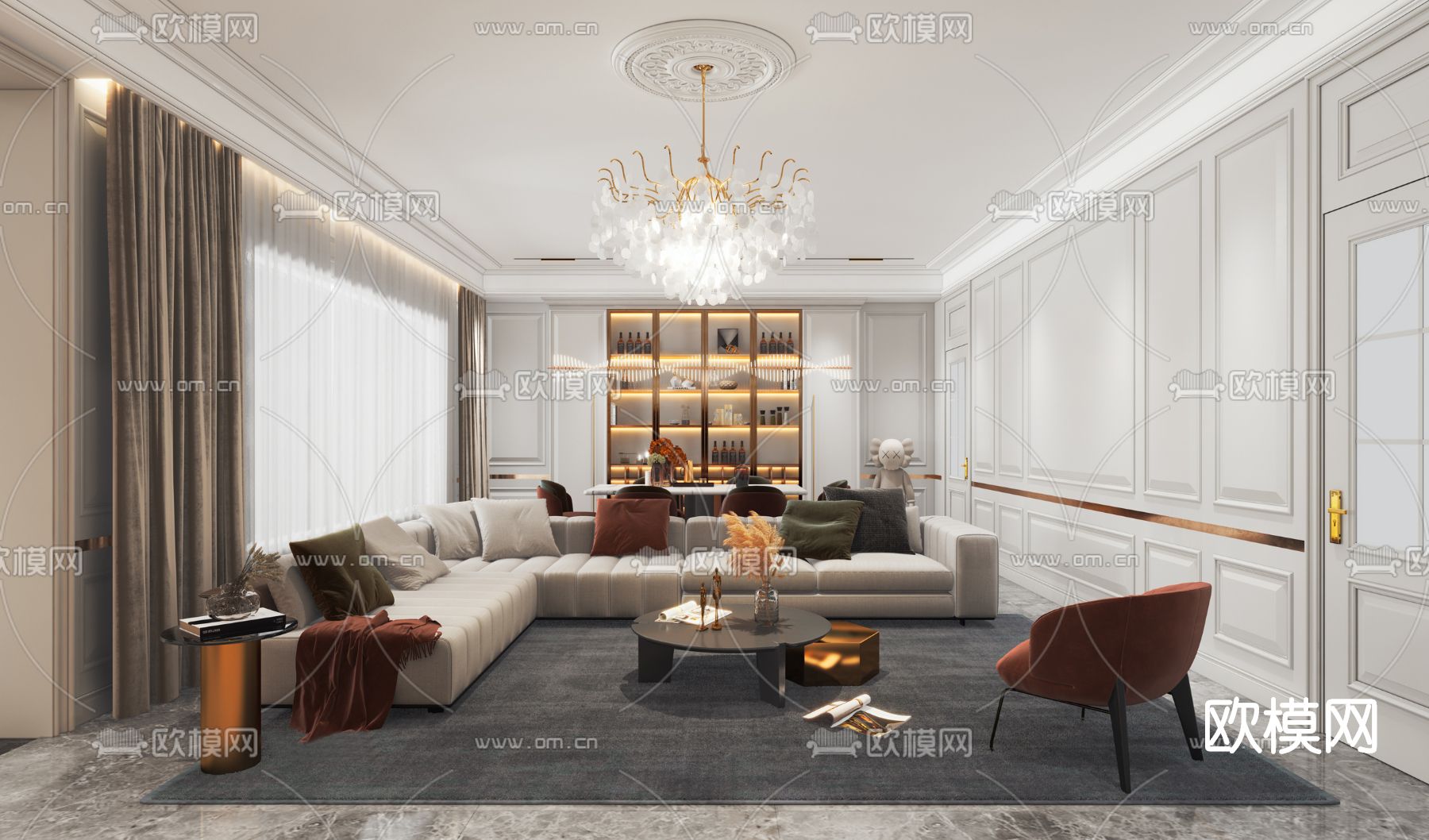 简欧轻奢客厅餐厅3d模型下载（渲染图1）