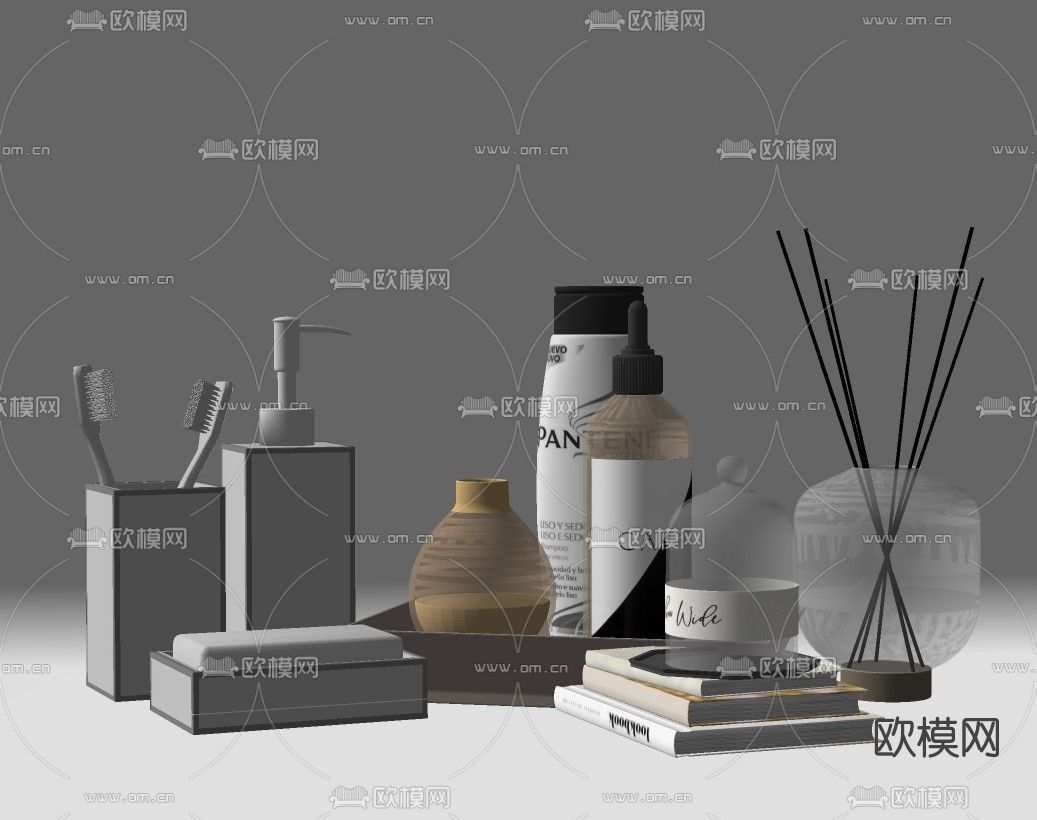 现代牙刷肥皂香薰洗浴用品su模型下载（渲染图2）