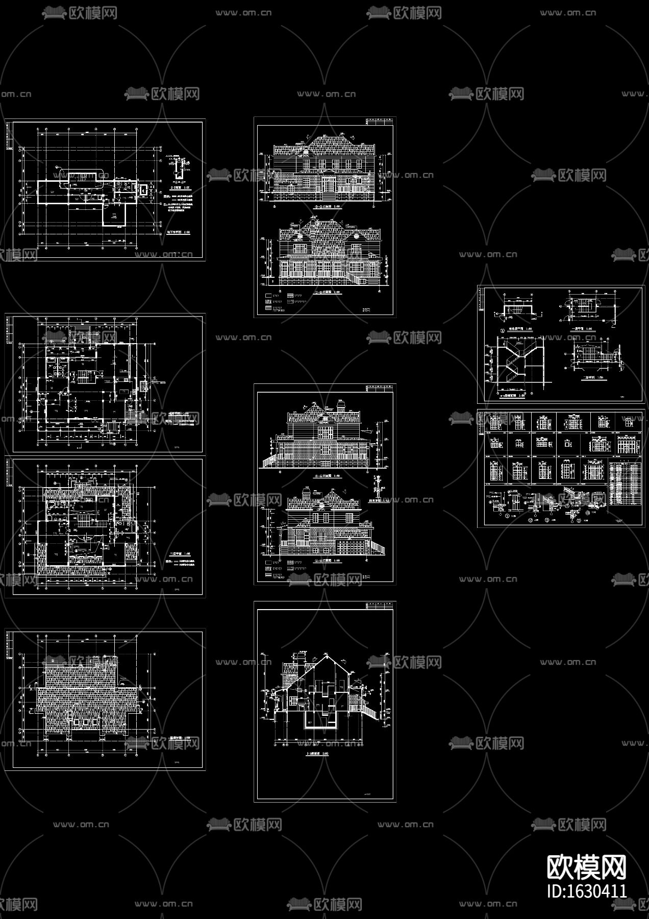 欧式三层别墅建筑cad施工图下载