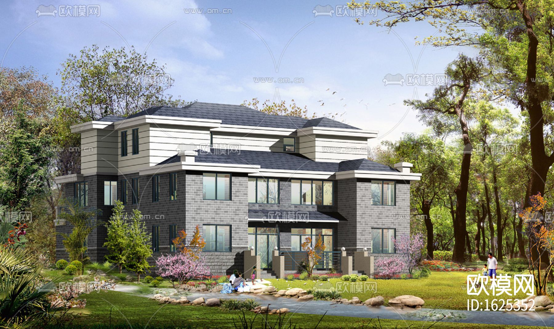 双拼别墅cad施工图效果图下载（渲染图3）