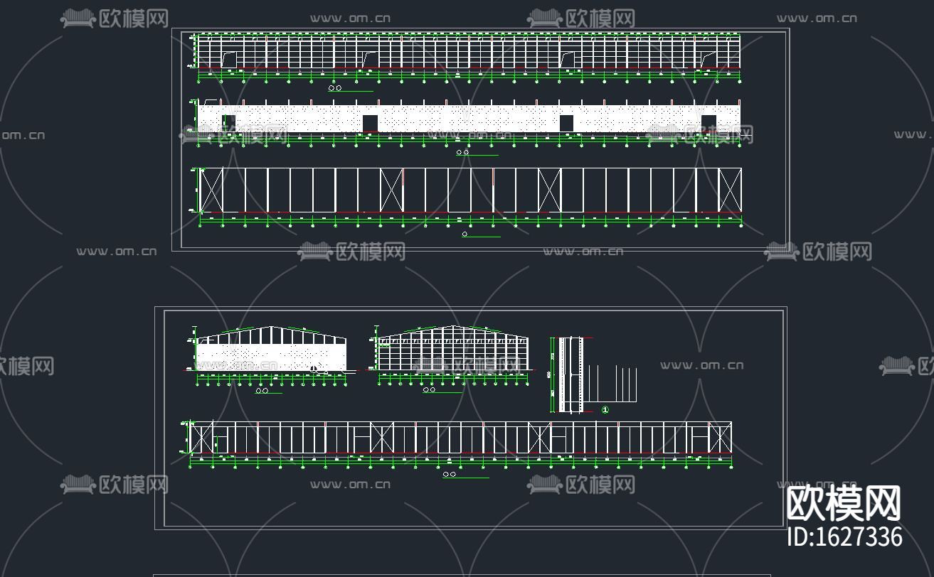 单层轻型钢架粮库cad施工图纸下载（渲染图2）