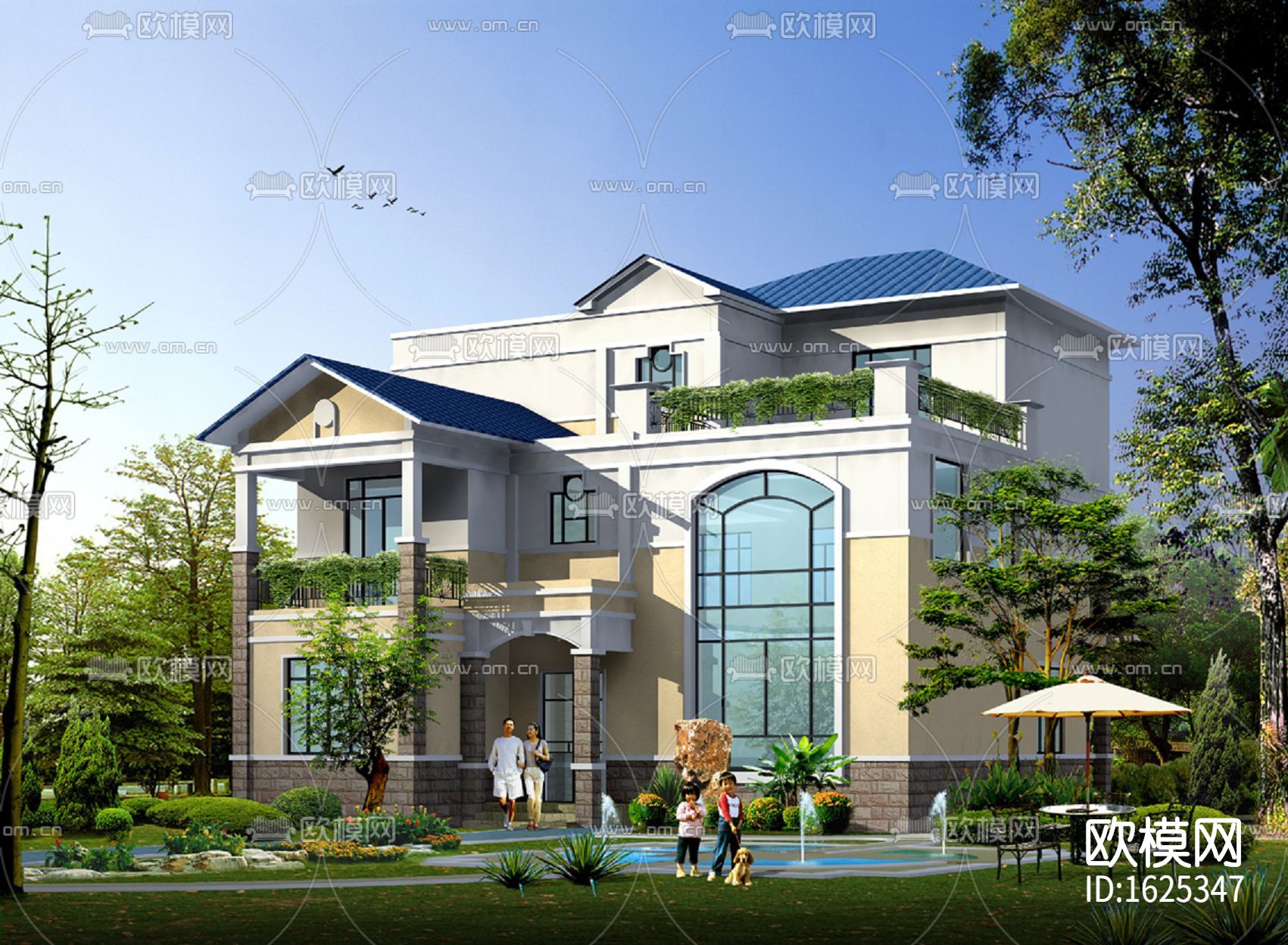 简欧别墅cad施工图效果图下载（渲染图1）