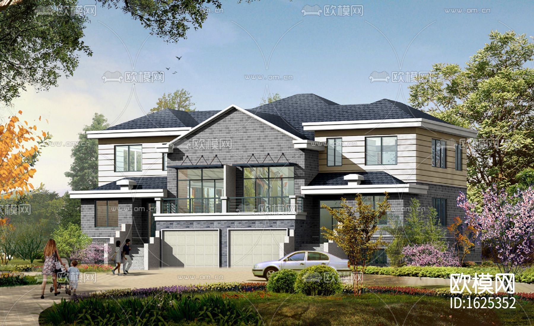 双拼别墅cad施工图效果图下载（渲染图1）