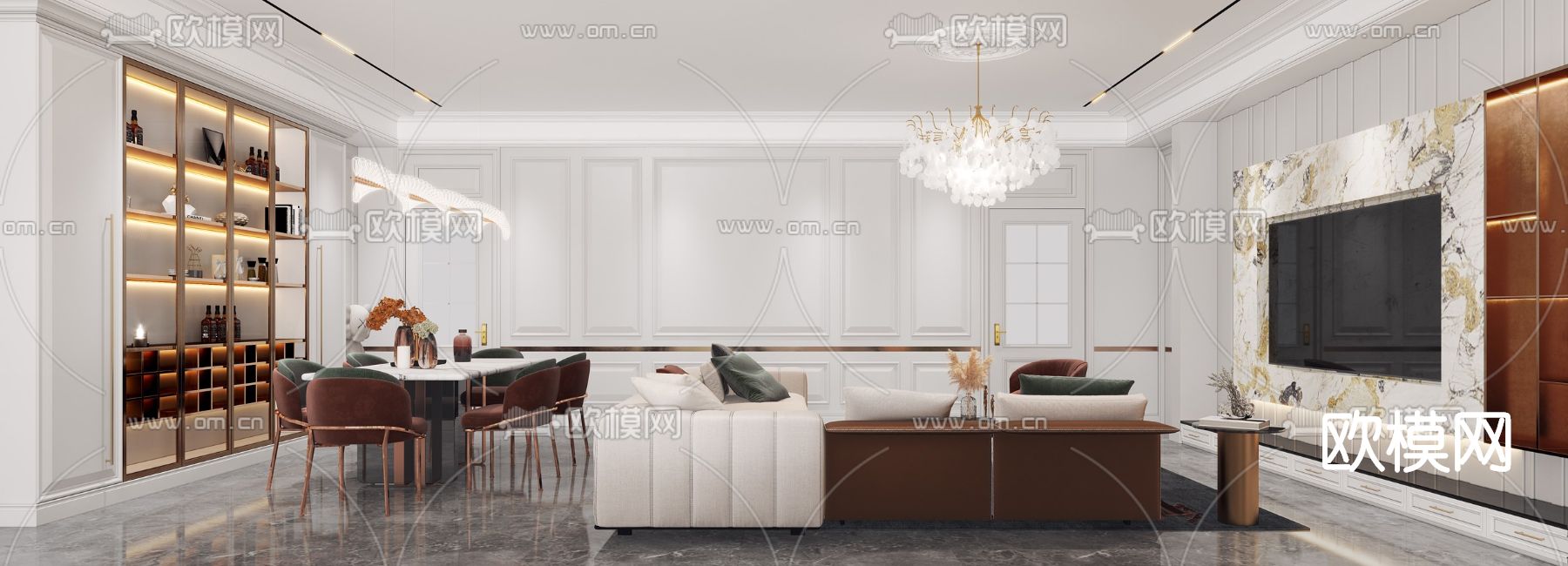 简欧轻奢客厅餐厅3d模型下载（渲染图3）