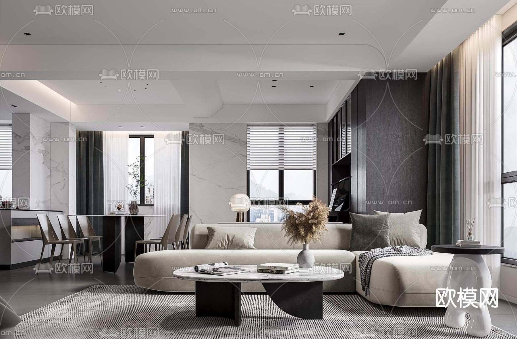 现代高级灰客厅餐厅3d模型下载（渲染图1）
