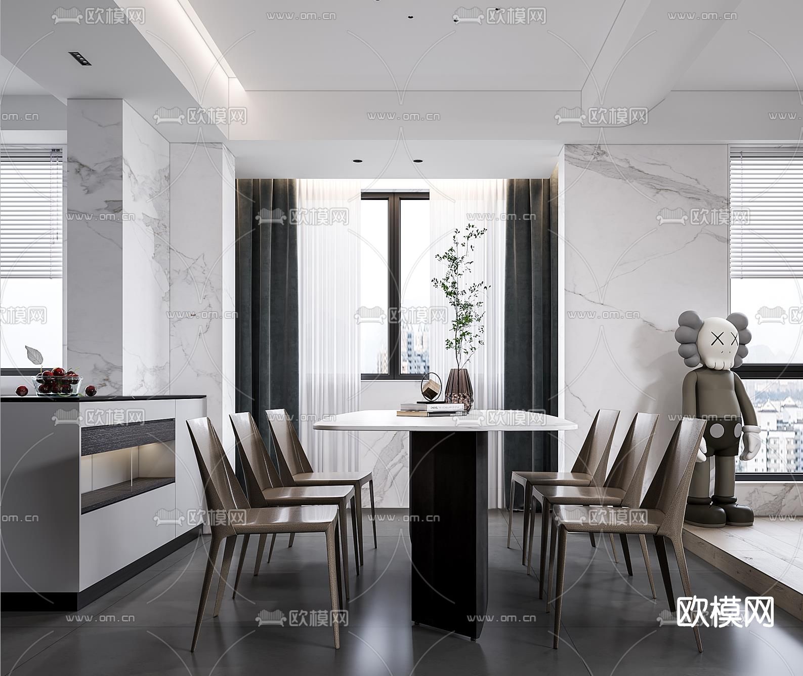 现代高级灰客厅餐厅3d模型下载（渲染图8）