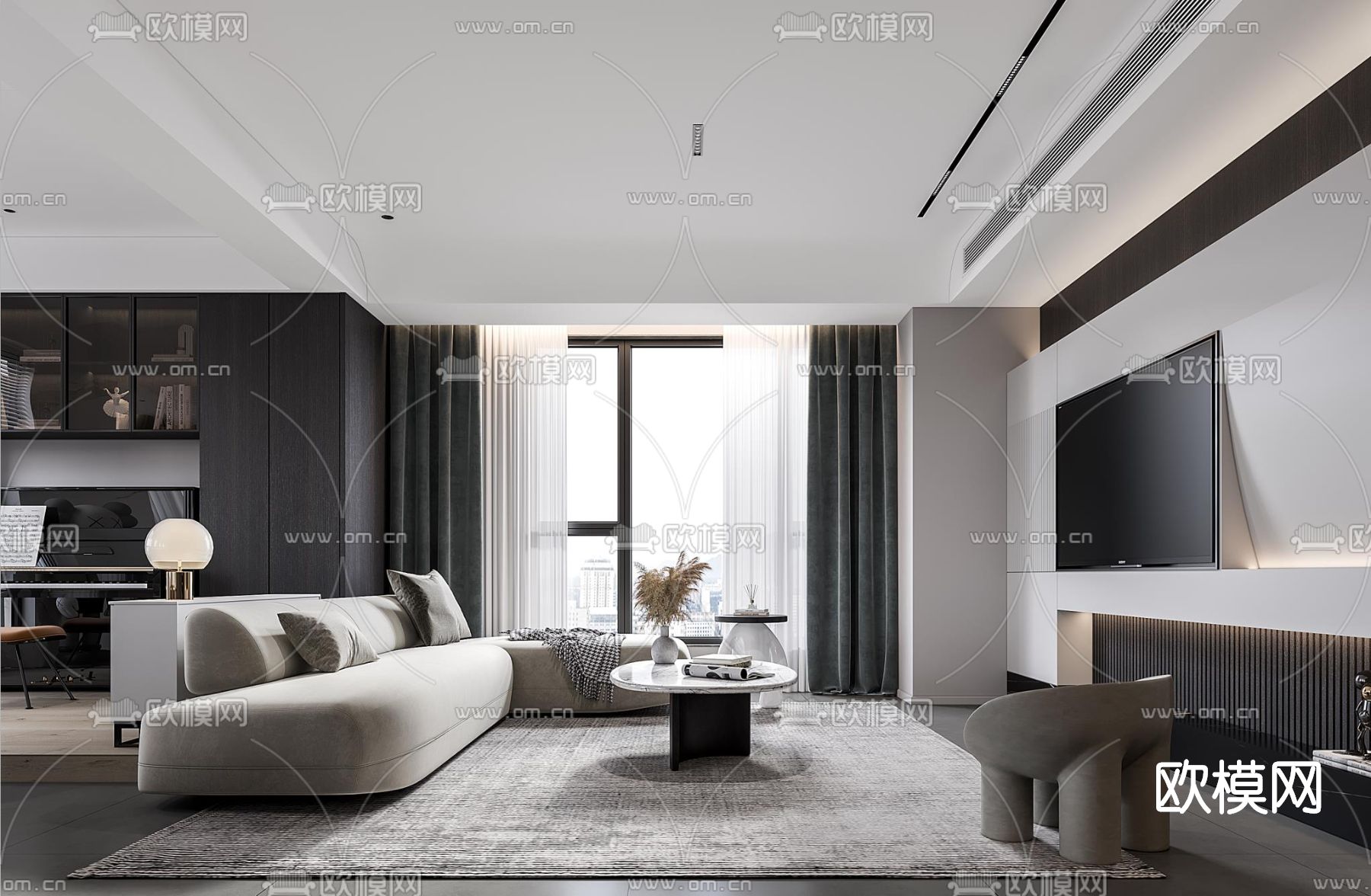 现代高级灰客厅餐厅3d模型下载（渲染图3）