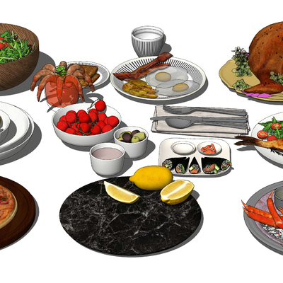  现代鸡鱼肉水果食物su模型 
