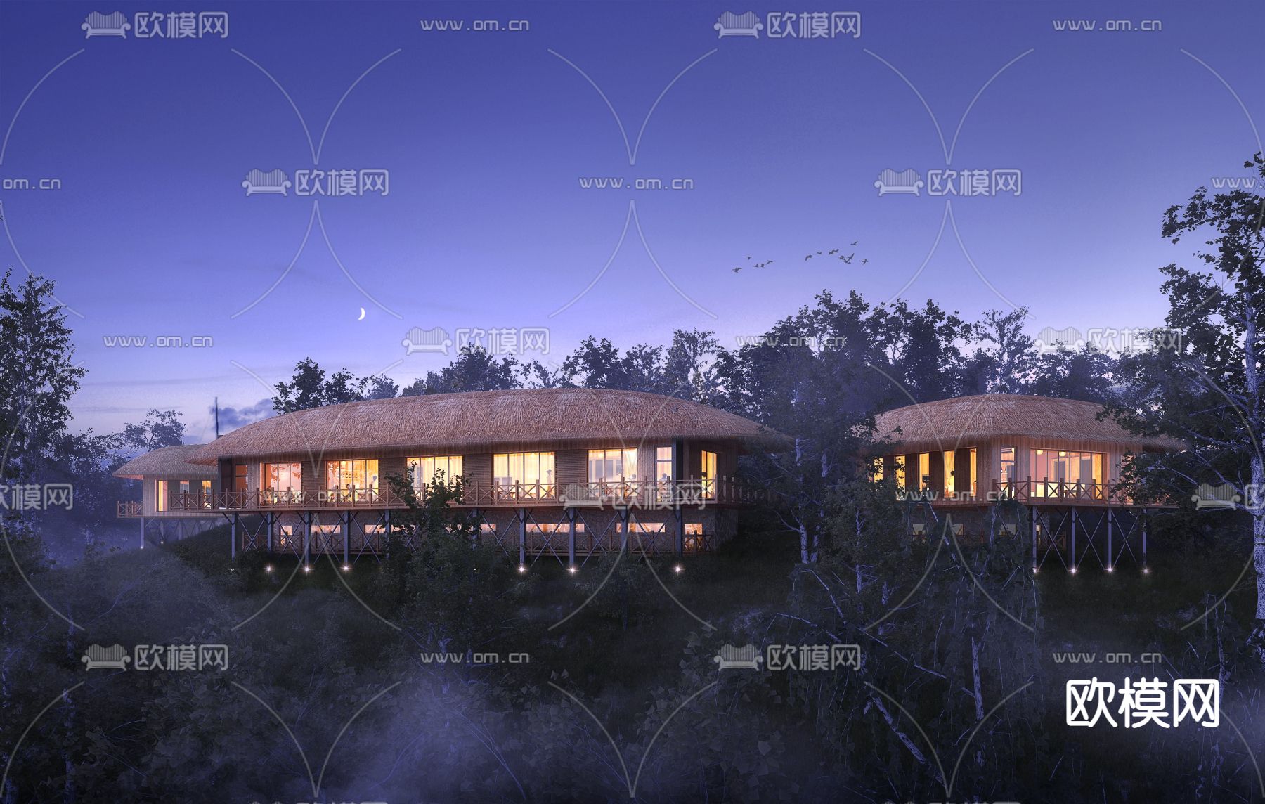 自然风深山别墅外观夜景3d模型下载