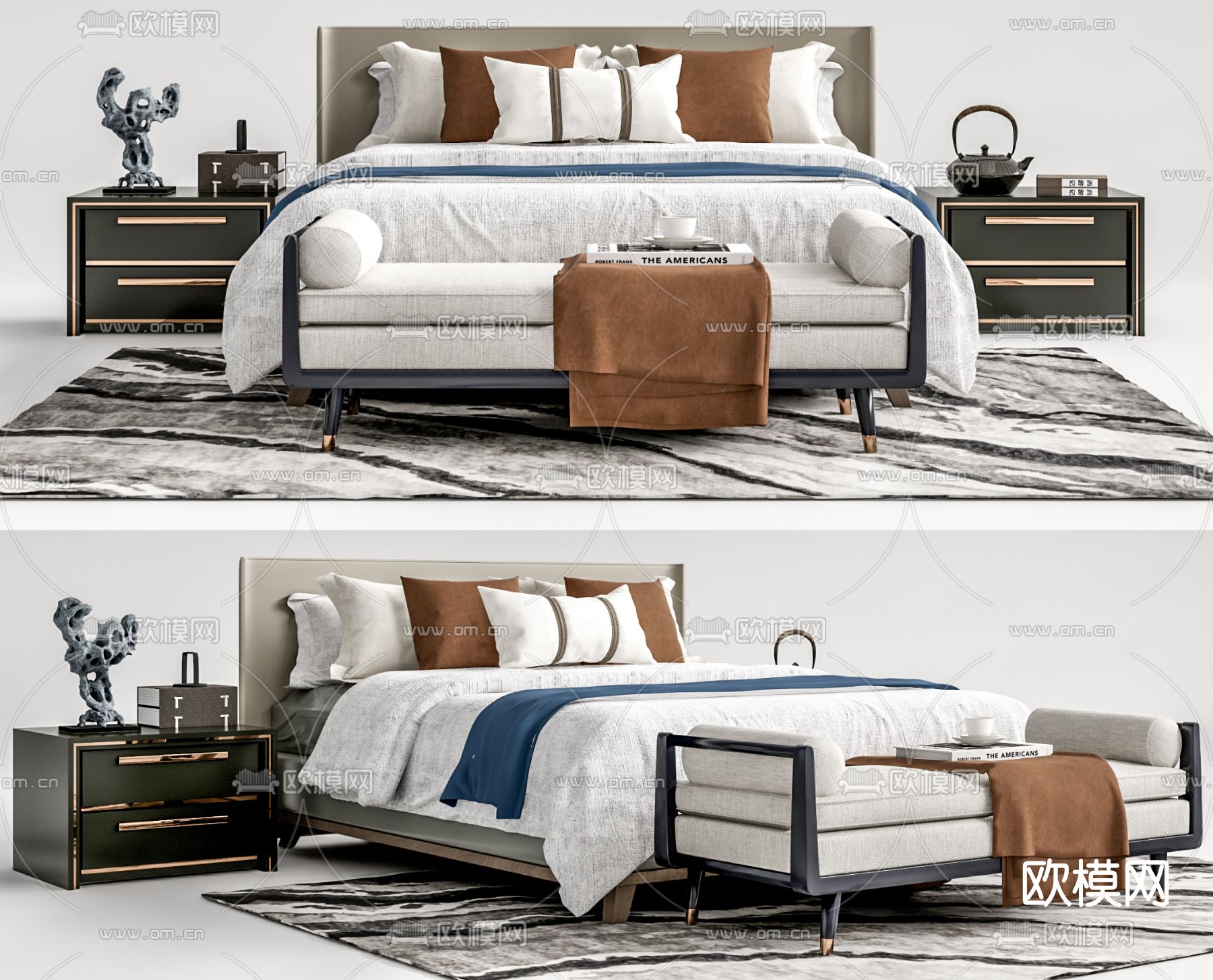 新中式轻奢双人床su模型下载（渲染图1）