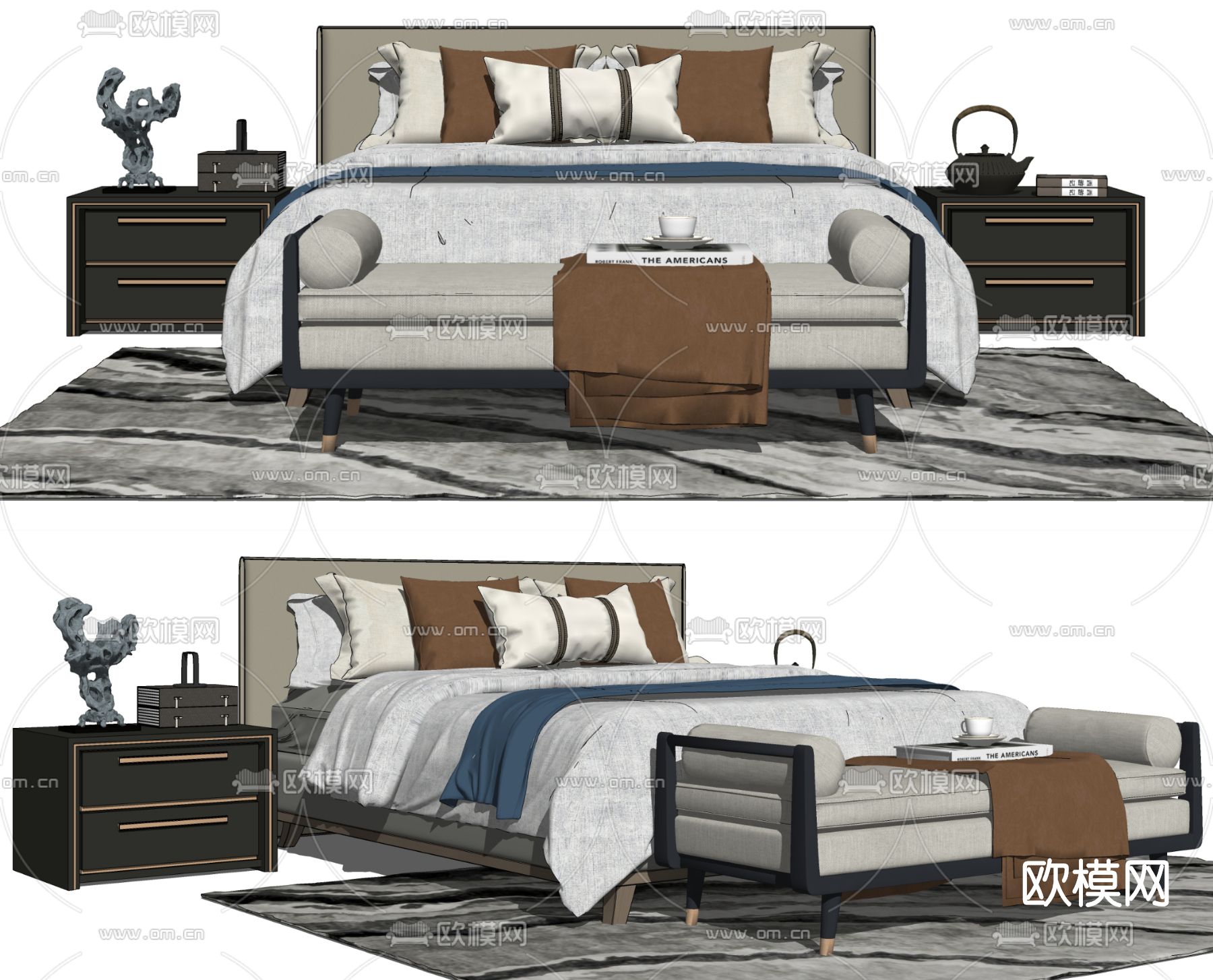 新中式轻奢双人床su模型下载（渲染图2）