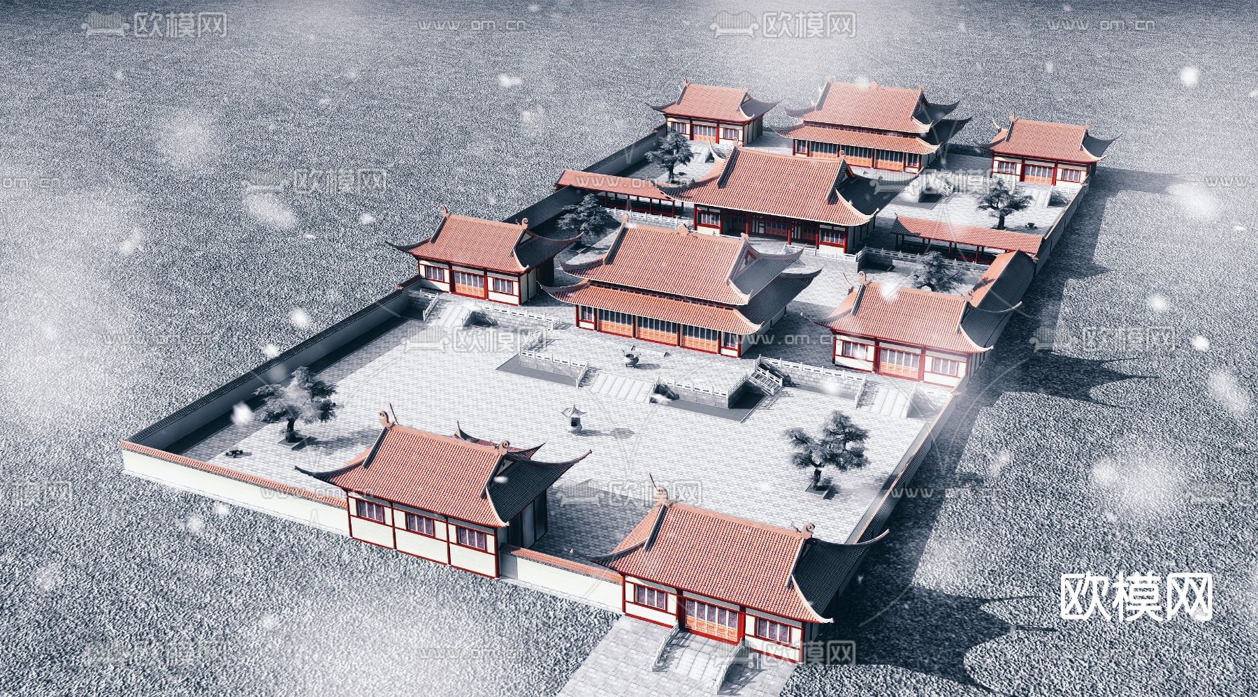 中式古建寺庙鸟瞰3d模型
