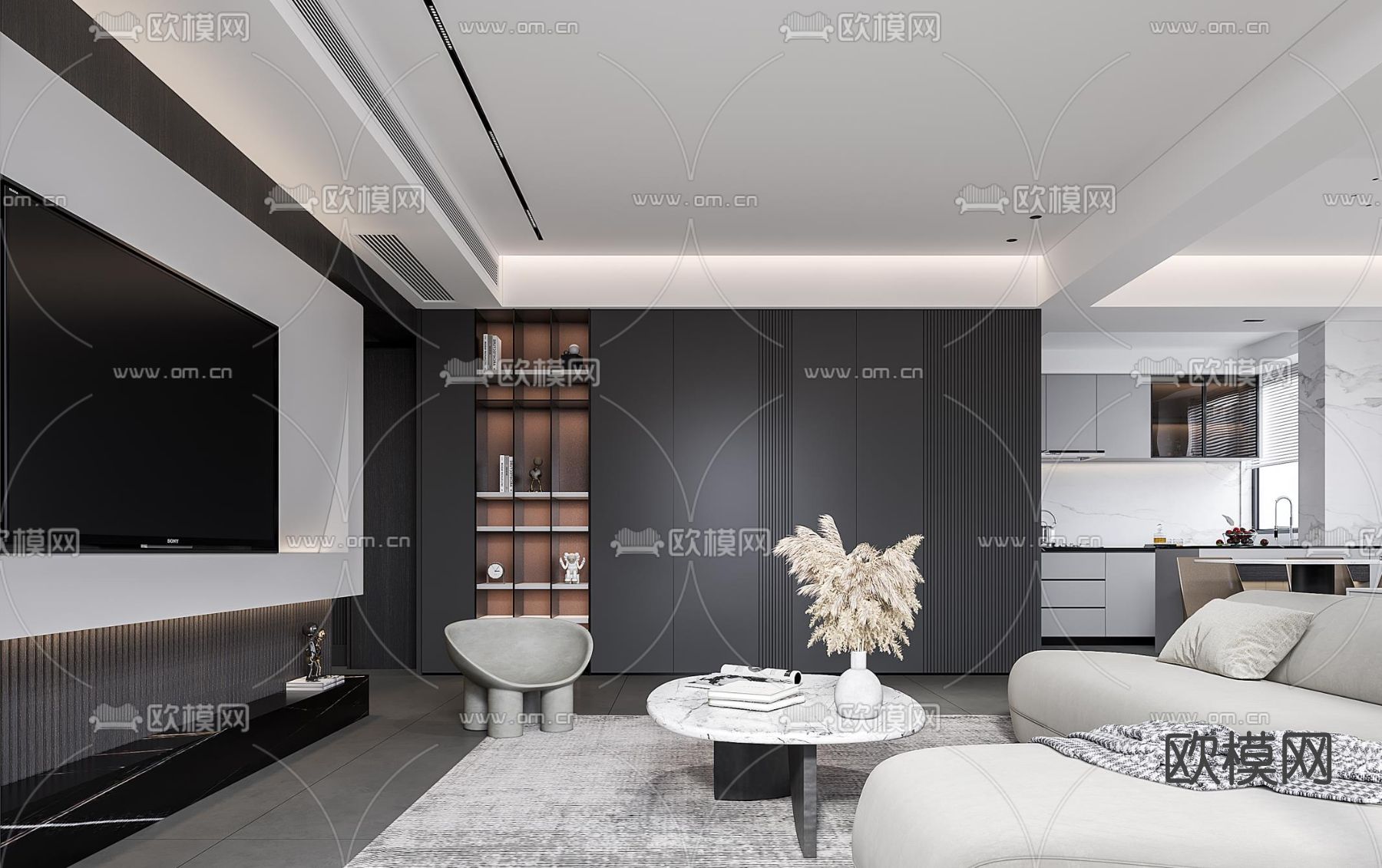 现代高级灰客厅餐厅3d模型下载（渲染图2）