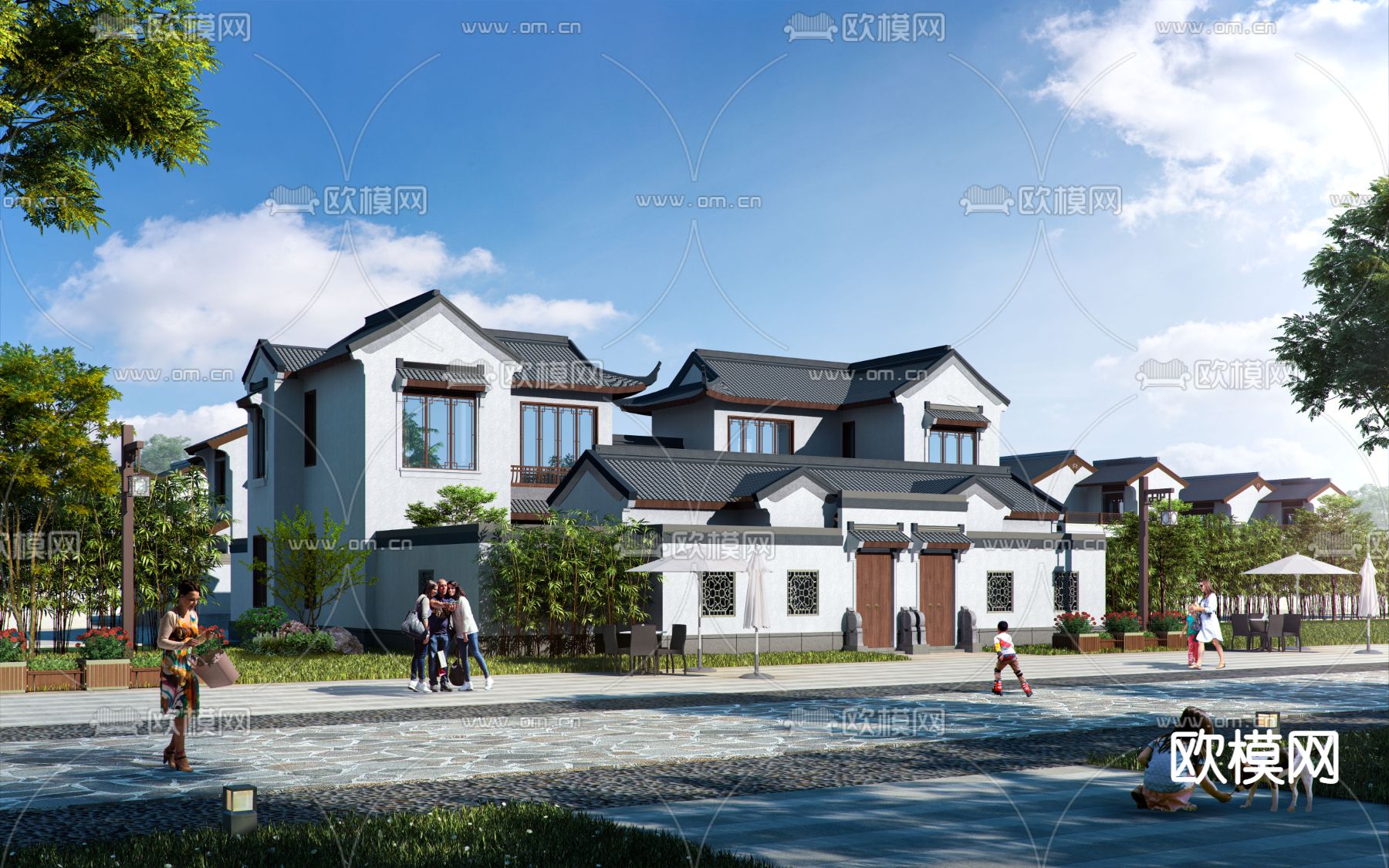 中式别墅合院建筑外观3d模型下载