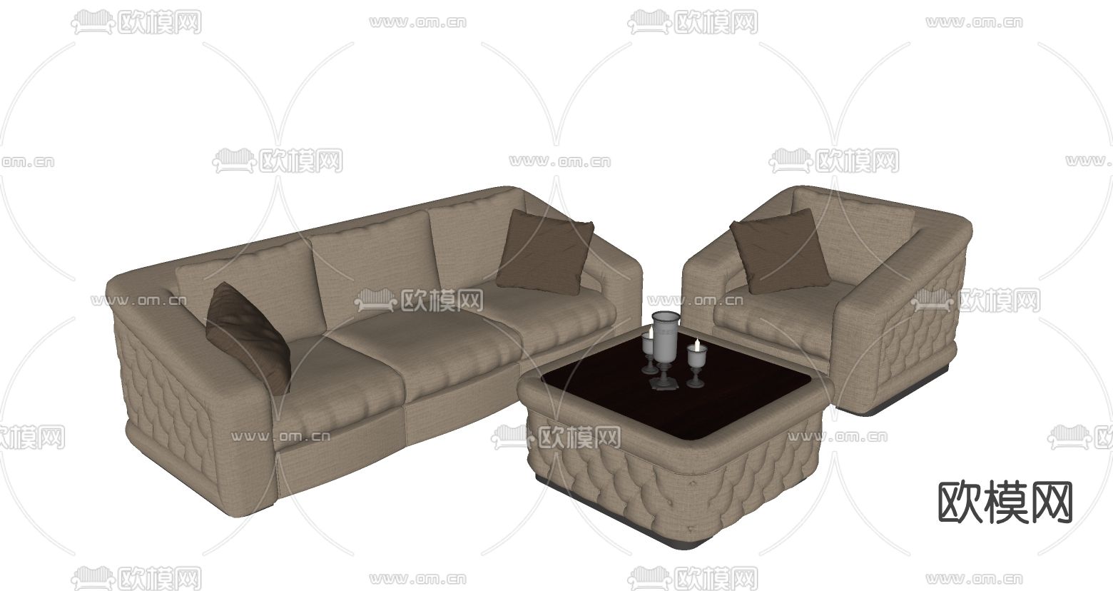 简欧布艺沙发组合su模型下载（渲染图2）