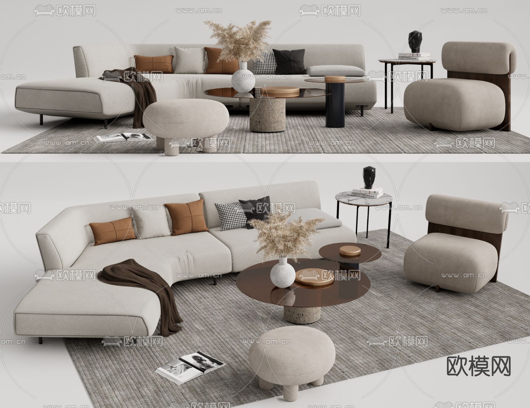 现代布艺沙发组合su模型下载（渲染图1）