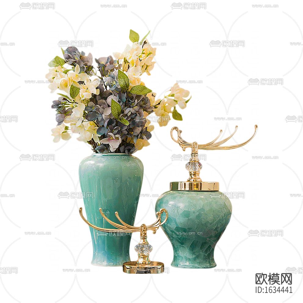 新中式轻奢青色陶瓷金属装饰盖子花瓶摆放花艺下载