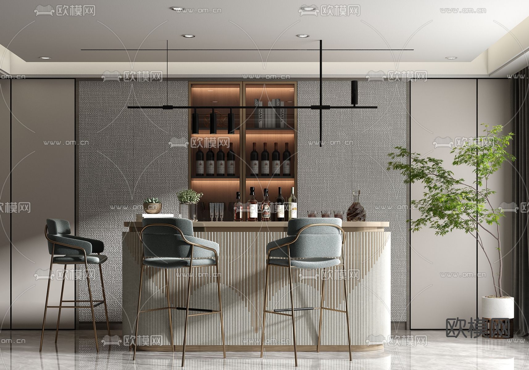 现代吧台吧台椅3d模型
