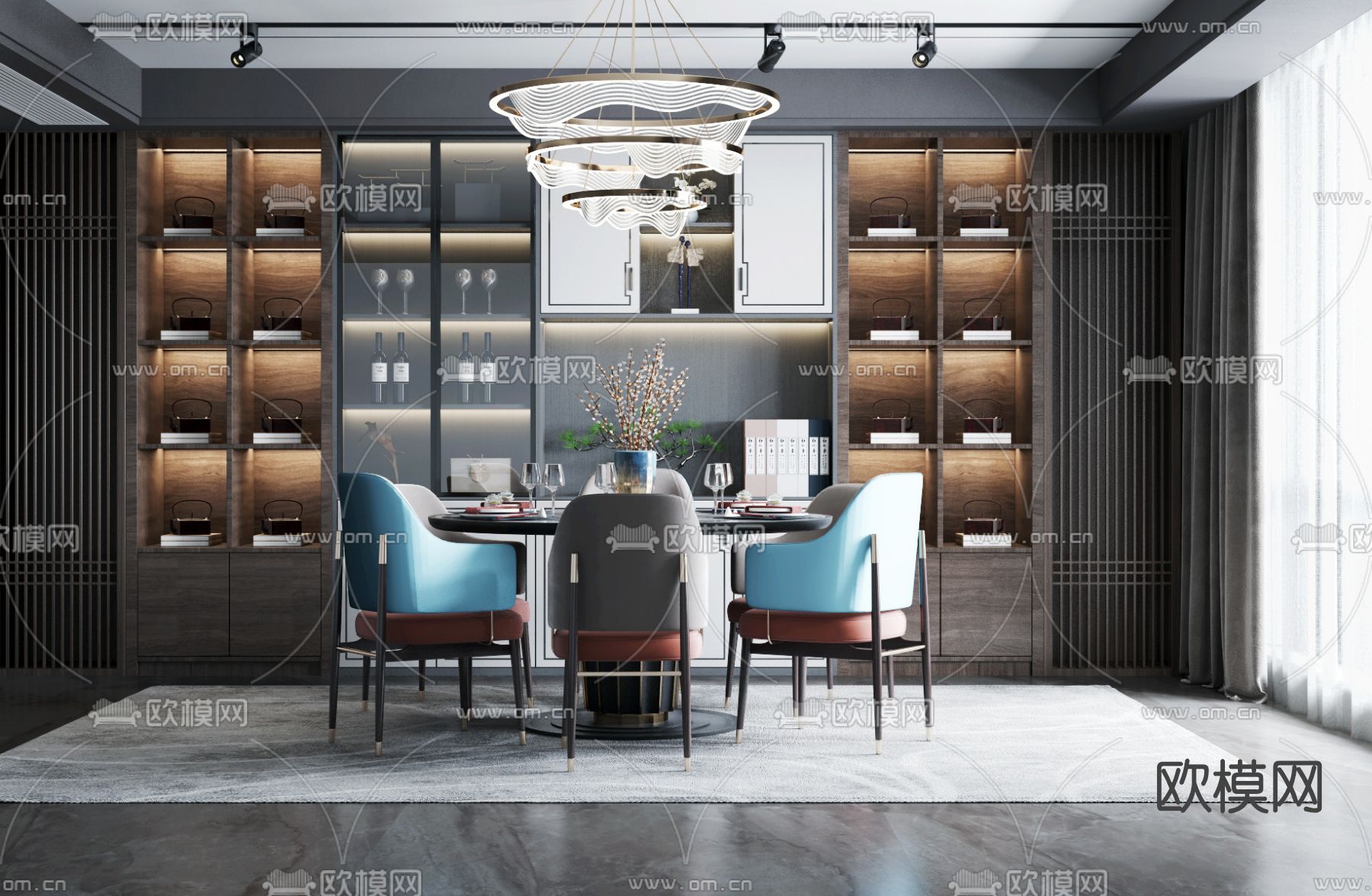 新中式圆形餐桌椅3d模型