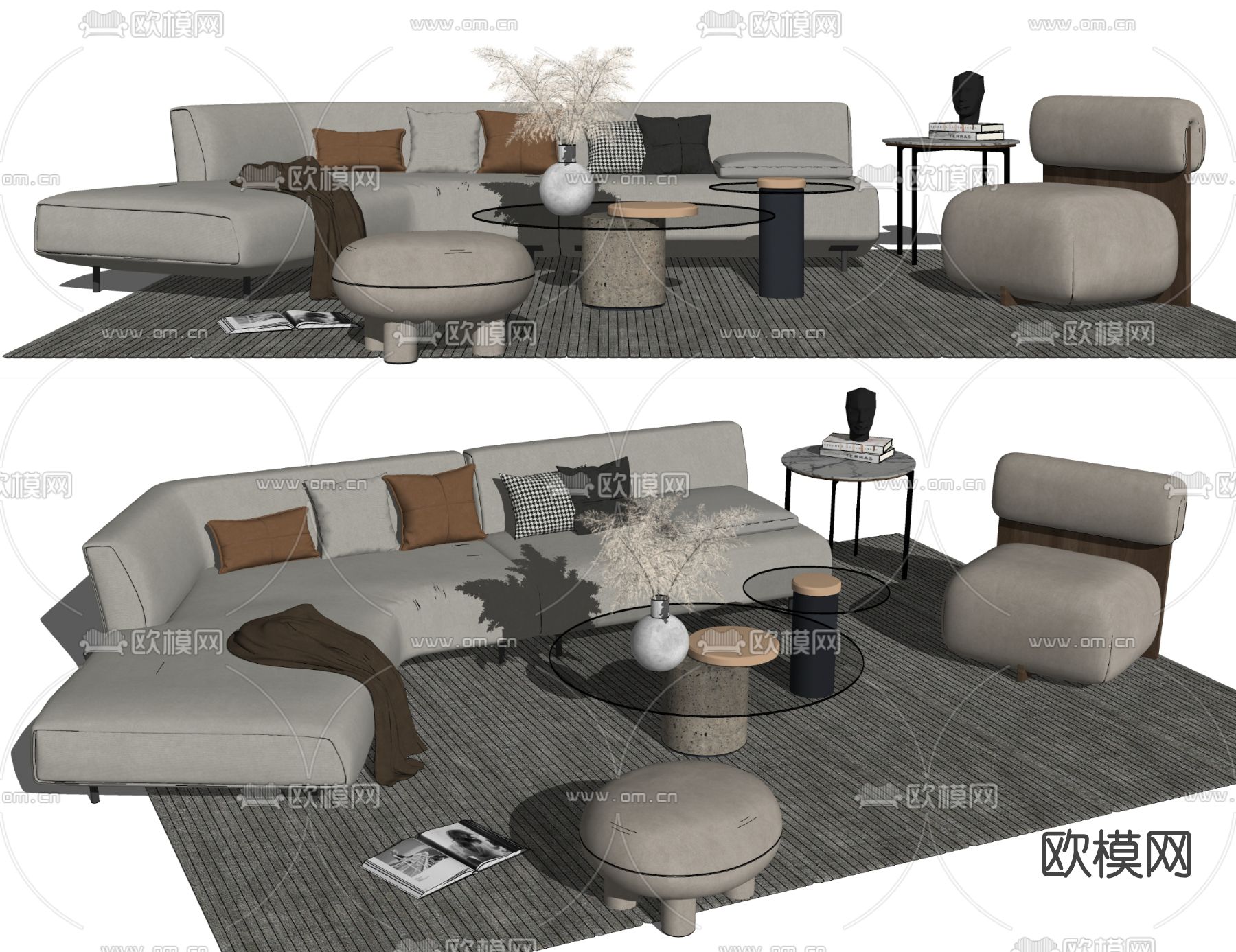 现代布艺沙发组合su模型下载（渲染图2）