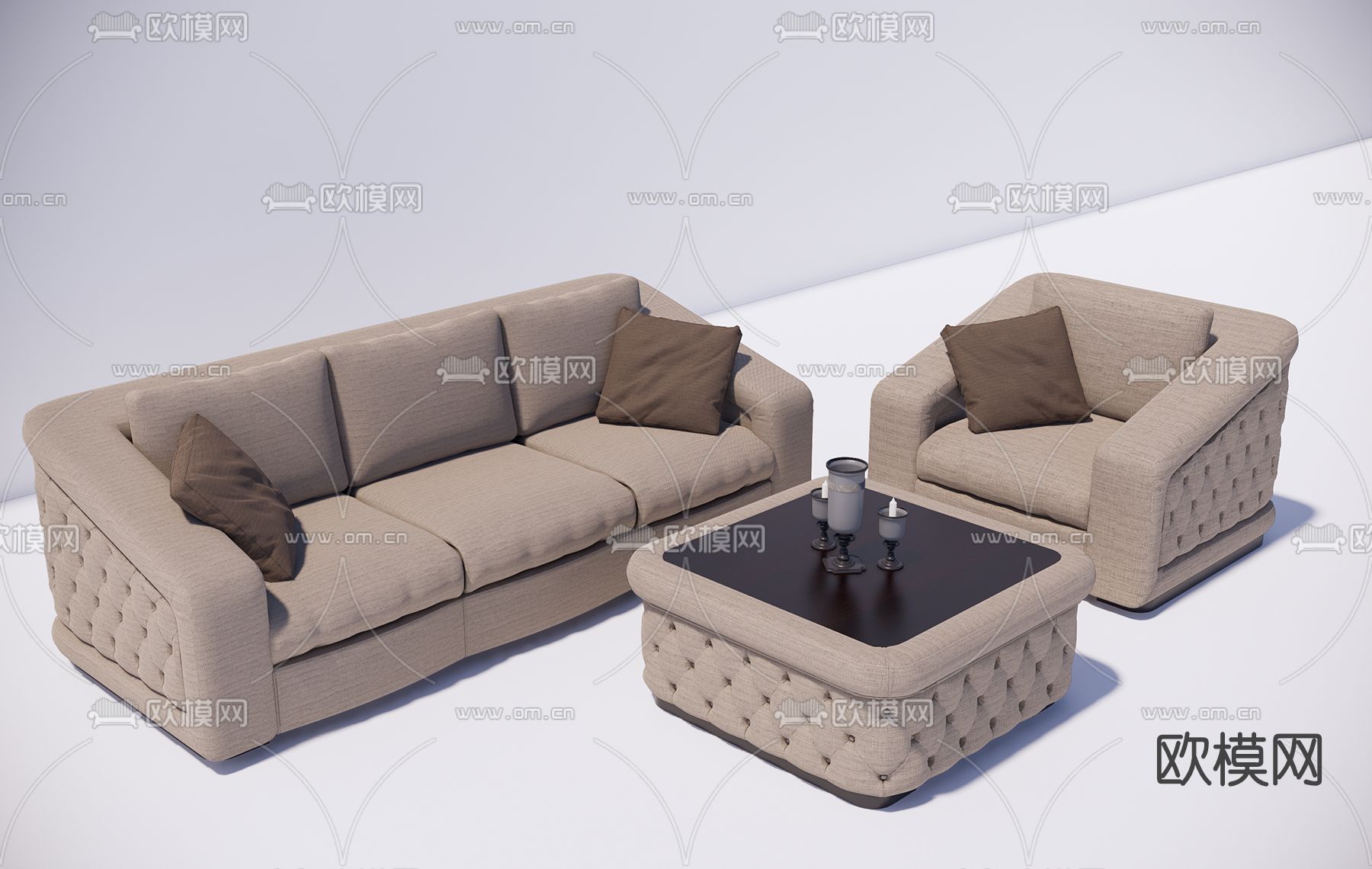 简欧布艺沙发组合su模型下载（渲染图1）