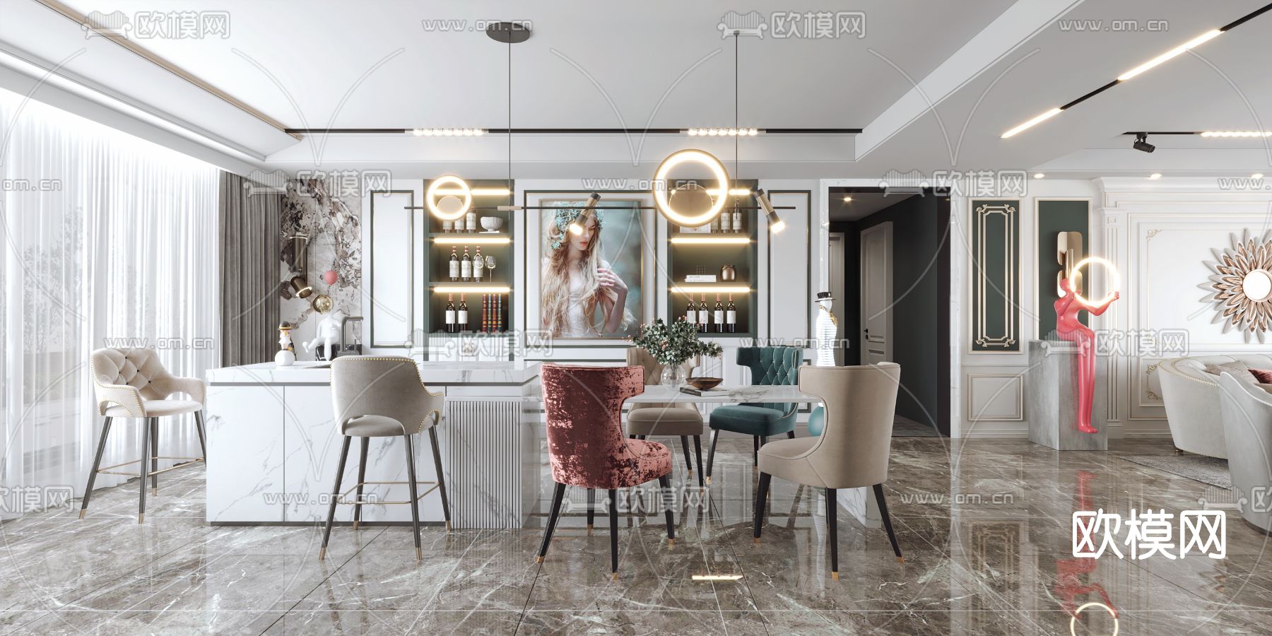 简欧轻奢客厅餐厅3d模型下载（渲染图2）