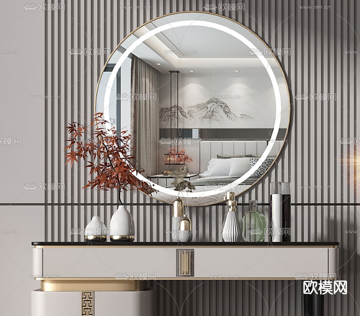 新中式梳妆台3d模型下载（渲染图2）