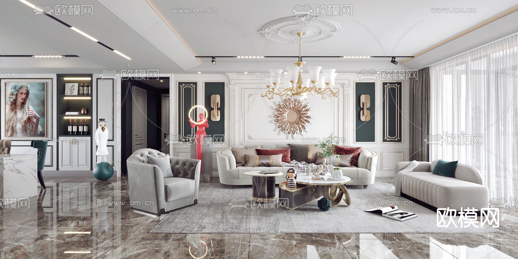 简欧轻奢客厅餐厅3d模型下载（渲染图1）