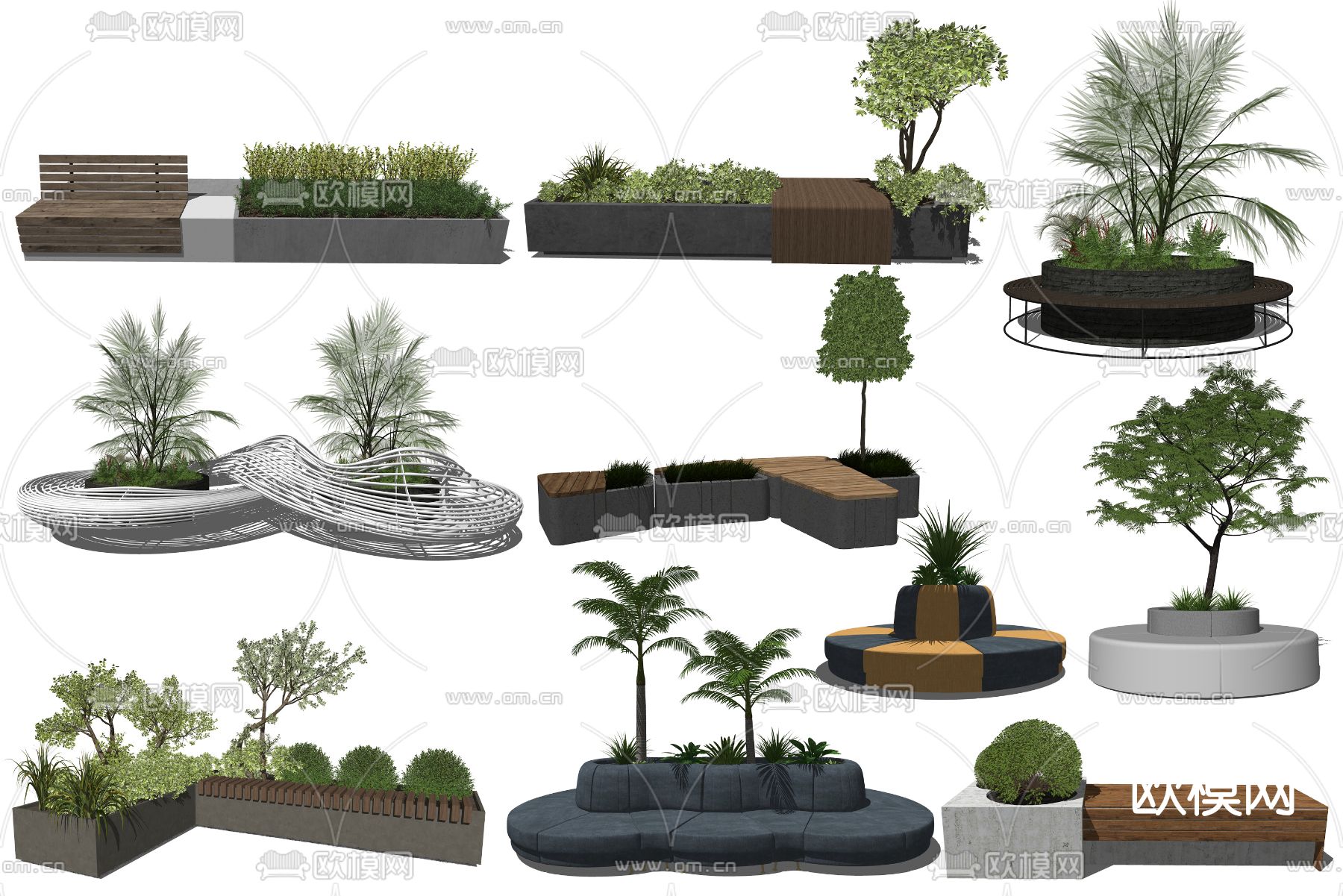 现代树池花坛公用椅su模型下载（渲染图2）