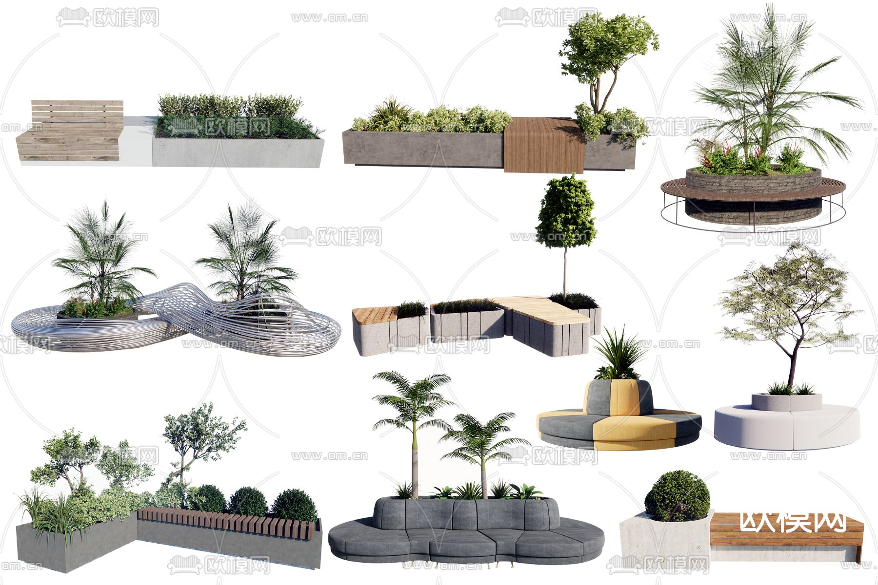 现代树池花坛公用椅su模型下载（渲染图1）