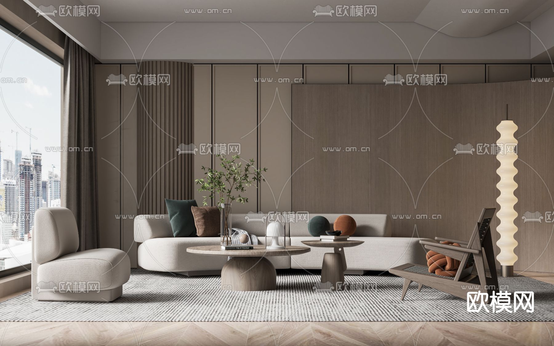 侘寂布艺弧形沙发组合3d模型下载