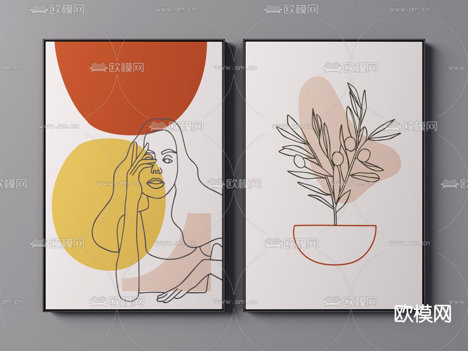 北欧抽象线条装饰画3d模型