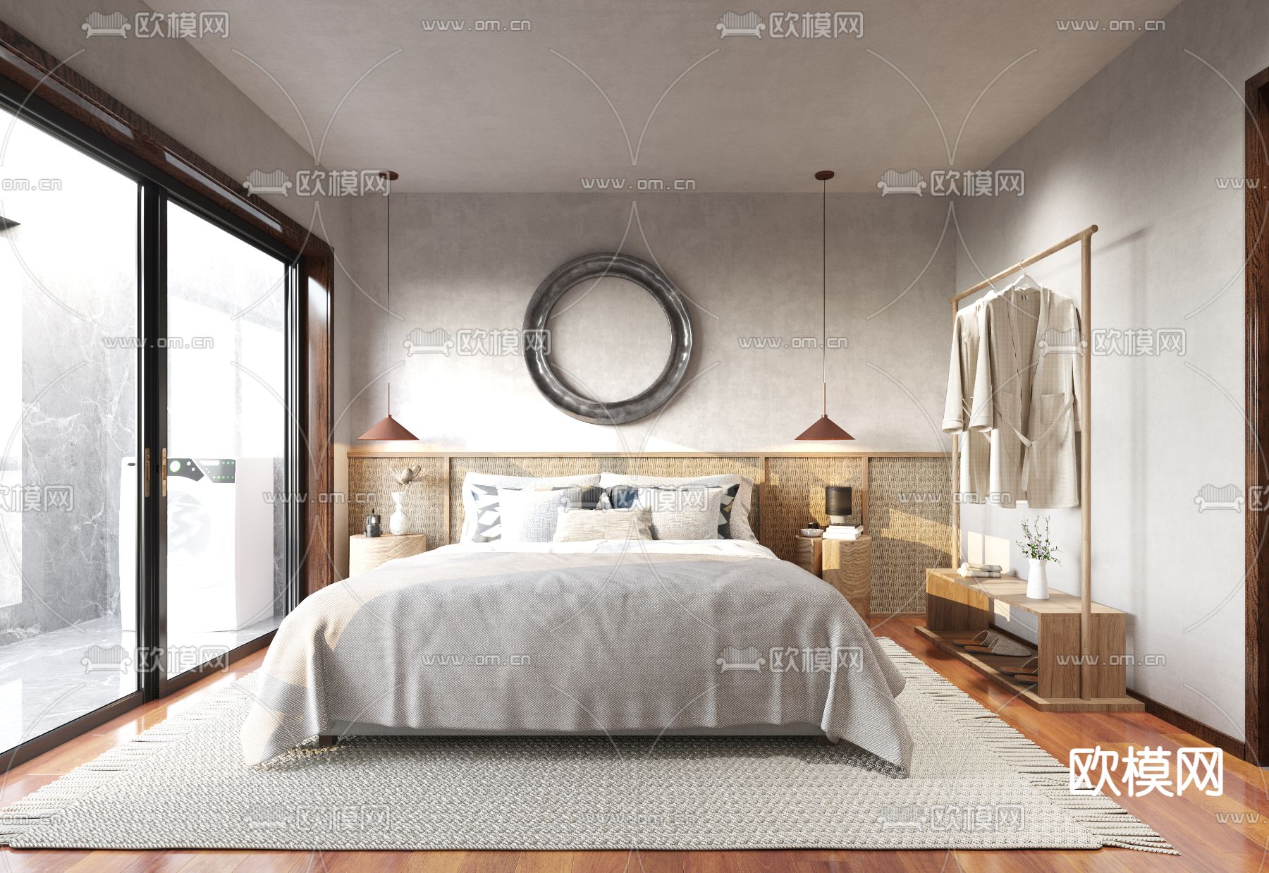 侘寂风公寓客厅卧室3d模型下载（渲染图1）