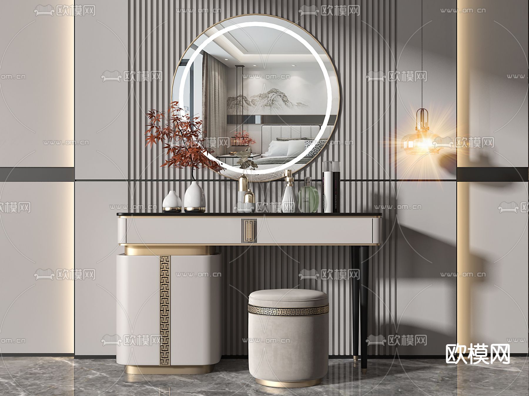 新中式梳妆台3d模型下载（渲染图1）