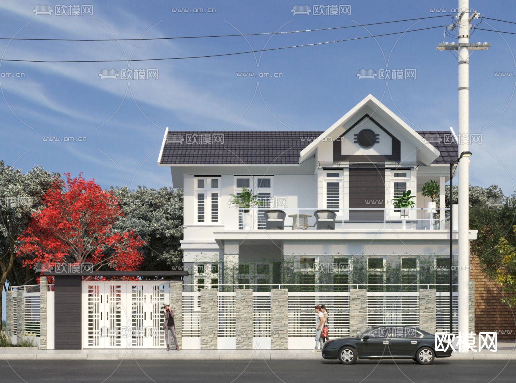 现代独栋别墅外观3d模型下载（渲染图1）